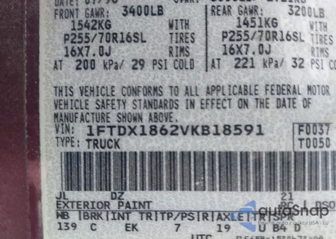 1997 Ford F-150 Lariat/Xl/Xlt from USA, damaged, VIN 1FTDX1862VKB18591